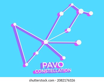 Pavo constellation 3d symbol. Constellation icon in isometric style on blue background. Cluster of stars and galaxies. Vector illustration