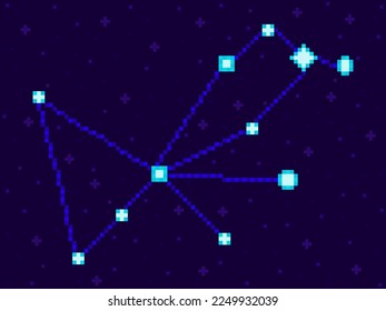 Pavo constellation in pixel art style. 8-bit stars in the night sky in retro video game style. Cluster of stars and galaxies. Design for applications, banners and posters. Vector illustration