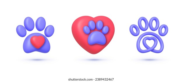 Paw 3d set in modern style on white background. Vector illustration svg