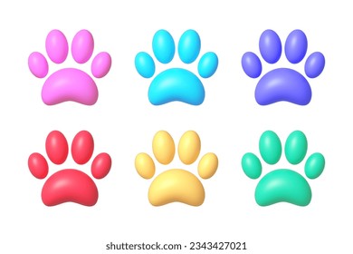 Paw 3d set on white background. Dog, puppy, cat, bear, wolf silhouette. Vector isolated illustration svg