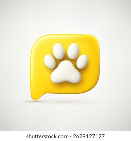 Paw 3d template, great design for background, poster, social media. Yellow circular button with a white paw print symbol, representing pets or animals. 3D realistic vector illustration.