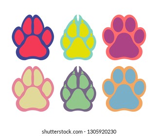 Paw of an animal, canine footprints. Traces of dog paws, dog paws. Trace of the cat, imprint of a tiger's track or lion. Vector illustration.