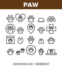 Paw Animal Collection Elements Icons Set Vector Thin Line. Cat And Dog, Horse And Pig, Elephant And Bear Paw In Heart Form And Laptop Screen Concept Linear Pictograms. Monochrome Contour Illustrations