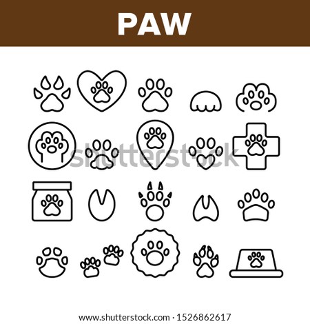 Paw Animal Collection Elements Icons Set Vector Thin Line. Cat And Dog, Horse And Pig, Elephant And Bear Paw In Heart Form And Laptop Screen Concept Linear Pictograms. Monochrome Contour Illustrations