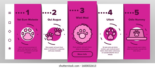Paw Animal Onboarding Mobile App Page Screen Vector. Cat And Dog, Horse And Pig, Elephant And Bear Paw In Heart Form And Laptop Screen Illustrations