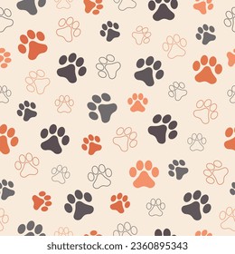 Paw animal print silhouettes. Seamless pattern with paws