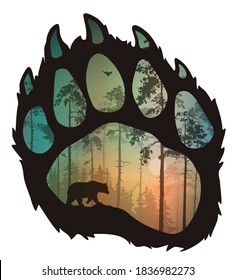 paw of a bear, inside a silhouette of a forest, a bear and a flying owl