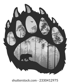 paw of a bear, inside a silhouette of a forest, a bear and a flying owl