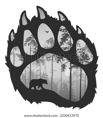 paw of a bear, inside a silhouette of a forest, a bear and a flying owl