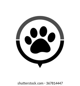 paw - black vector icon; map pointer;  message bubble