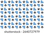Paw and blue hearts seamless pattern. Footprint pet Paw