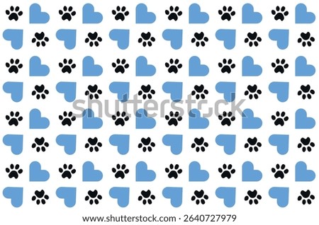 Paw and blue hearts seamless pattern. Footprint pet Paw
