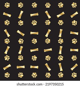 Paw and bone gold pattern on black background.