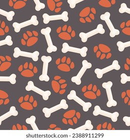 Paw and bone vecror pattern. Animal footsteps seamless texture