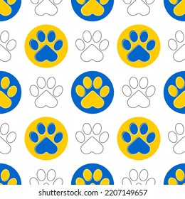 Paw of a cat or dog. Blue and yellow animal paws on a white background. Cute seamless pattern. Vector.