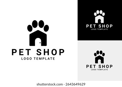 Paw gato ou cão com casa para pet shop logotipo modelo vetor ilustração