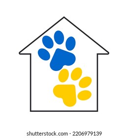 Paw of a cat or dog in the outline of a house. Animal care. Charity paw. Symbol of helping animals in shelters. Vector.