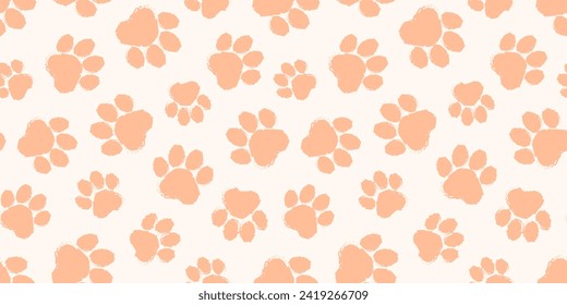 Paw cat or dog seamless pattern, pet foot print, animal peach fuzz colour background. Bear, panda, tiger step texture, grunge stamp repeat foot track wallpaper. Cartoon bg. Vector illustration