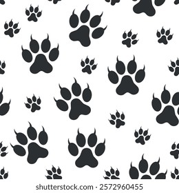 Paw Cat Footprint Pattern - Black Claw Footprints on White Background. Seamless Link.