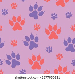 Paw Cat Footprint Pattern - Messy Pink and Purple Claw Cats Footprints. Seamless Link.