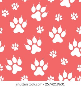 Paw Cat Footprint Pattern - White Claw Footprints on Pink Background. Seamless Link.