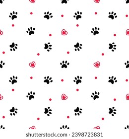 Paw cat and pet background. Traces of Pets. Paw vector foot trail print of Cat. Kitty Paw background and wallpaper vector. Dog paw seamless pattern wallpaper. Love heart valentine concept.