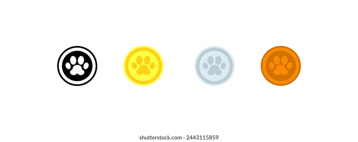 Paw coin icons. Animal paw emoji. Flat style. Vector icons