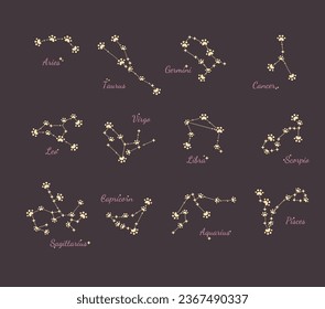 Paw constellations. Set of twelve zodiac signs in shape of star-paw. Astrological signs illustration on dark background. Vector 