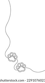 Paw continuous line drawing. One single hands drawn contour dog or cat. Design prints. Mark footprint oneline. Black lineart sketch isolated on white background. Marks outline bg. Vector illustration