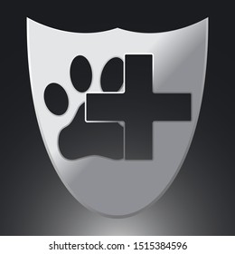 Paw and Cross Icon on Silver Background. Concept for Healthcare Medicine and Pet Care. Domestic Animal. Pets Symbol, Icon and Badge. Simple Vector illustration.