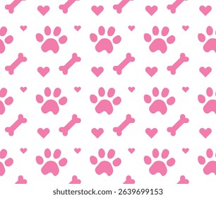 Paw with Dog Bone and heart seamless pattern. Footprint pet Paw