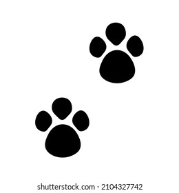 Paw dog or cat. Print of canine. Footprint of pet foot. Black pattern trail of tiger isolated on white background. Silhouette of paw of puppy. Icon of animal track. Cute pawprint and path. Vector.