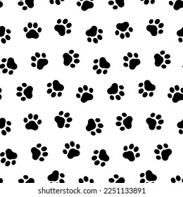 Paw dog or cat seamless pattern. Pepeating black steps dogs or cats on white background. Cute abstract walking backdrop. Repeated pets design for prints. Repeat footmark wallpaper. Vector illustration