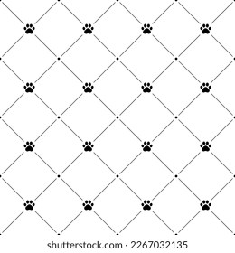 Paw dog or cat seamless pattern. Pepeating black steps dogs or cats on white background. Cute abstract walking backdrop. Repeated pets design for prints. Repeat footmark wallpaper. Vector illustration