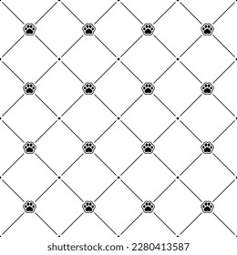 Paw dog or cat seamless pattern. Pepeating black steps dogs or cats on white background. Cute abstract walking backdrop. Repeated pets design for prints. Repeat footmark wallpaper. Vector illustration