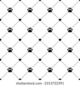 Paw dog or cat seamless pattern. Pepeating black steps dogs or cats on white background. Cute abstract walking backdrop. Repeated pets design for prints. Repeat footmark wallpaper. Vector illustration