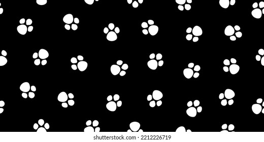 Paw dog seamless pattern. Pet, cat and puppy paws on black background. Footprint of panda. Cartoon animal texture for print. Cute wallpaper. Vector.