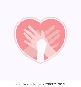 Paw of dog stacking on hands of family members in heart shaped flat silhouette