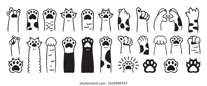 Paw doodle. cute cats paws hand drawn icon set. Outline drawing paws pet line clipart symbol collection. Vector illustration