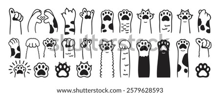 Paw doodle. cute cats paws hand drawn icon set. Outline drawing paws pet line clipart symbol collection. Vector illustration
