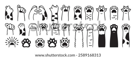 Paw doodle. cute cats paws hand drawn icon set. Outline drawing paws pet line clipart symbol collection. Vector illustration
