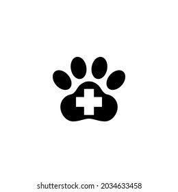 Paw First Aid Cross Veterinary Clinic. Flat Vector Icon illustration. Simple black symbol on white background. Paw First Aid Cross Veterinary Clinic sign design template for web and mobile UI element.