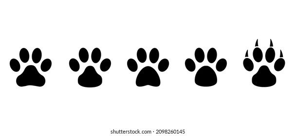Paw foot print vector icons set. Dog, cat, bear, puppy silhouette. Collection of paw different animal paw
