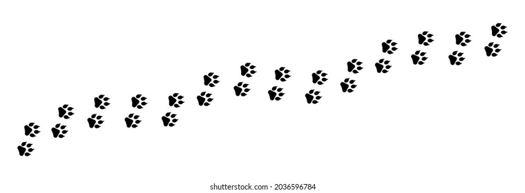 Paw foot print vector illustration. Paw  trail isolated on white background. Silhouette of animal paths. Dog or cat paws print walk.