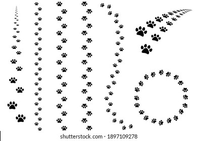 Paw foot trail. Cat and dog  tracks silhouette, wild animal and pet paw print texture.Vector illustration.