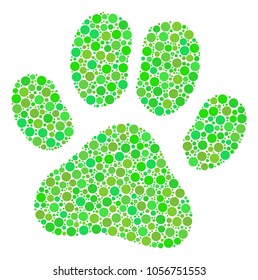 Paw Footprint collage of circle elements in various sizes and eco green color tones. Vector round elements are combined into paw footprint illustration. Ecological design concept.