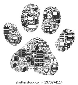 Paw Footprint collage icon designed for bigdata and computing purposes. Vector paw footprint mosaics are combined from computer, calculator, connections, wi-fi, network,