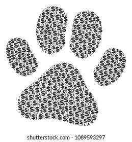 Paw footprint composition of dollars and spheric points. Vector banking pictograms are united into paw footprint mosaic.