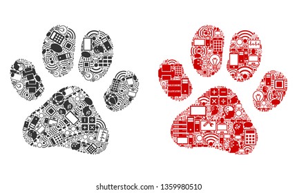 Paw Footprint composition icons organized for bigdata illustrations. Vector paw footprint mosaics are organized from computer, calculator, connections, wi-fi, network symbols into abstract collages.