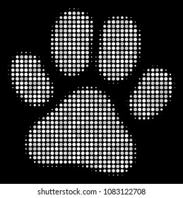 Paw footprint halftone vector icon. Illustration style is dot iconic paw footprint symbol on a black background. Halftone texture is build with round cells.